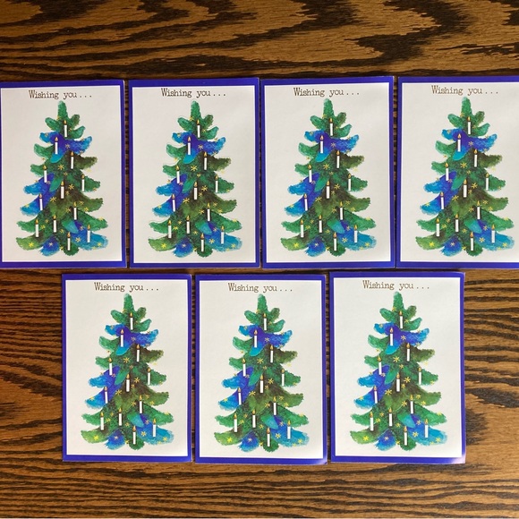 Lot of 7 Unused Blue Green Christmas Tree Candles Gold Christmas Cards Envelopes - Picture 1 of 8